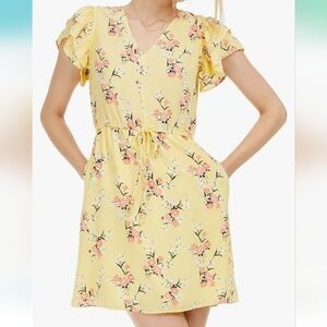 Maison Jules,NWT, Floral Print Flutter Sleeve Mini Dress Yellow,XS